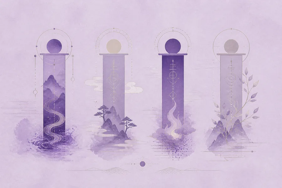 Four violet pillars with water, earth, fire, and plant motifs arranged on textured lilac paper.