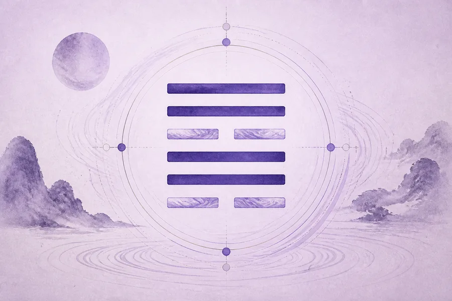 A six-line violet I Ching hexagram surrounded by soft circular ripples and ink-wash mountains.