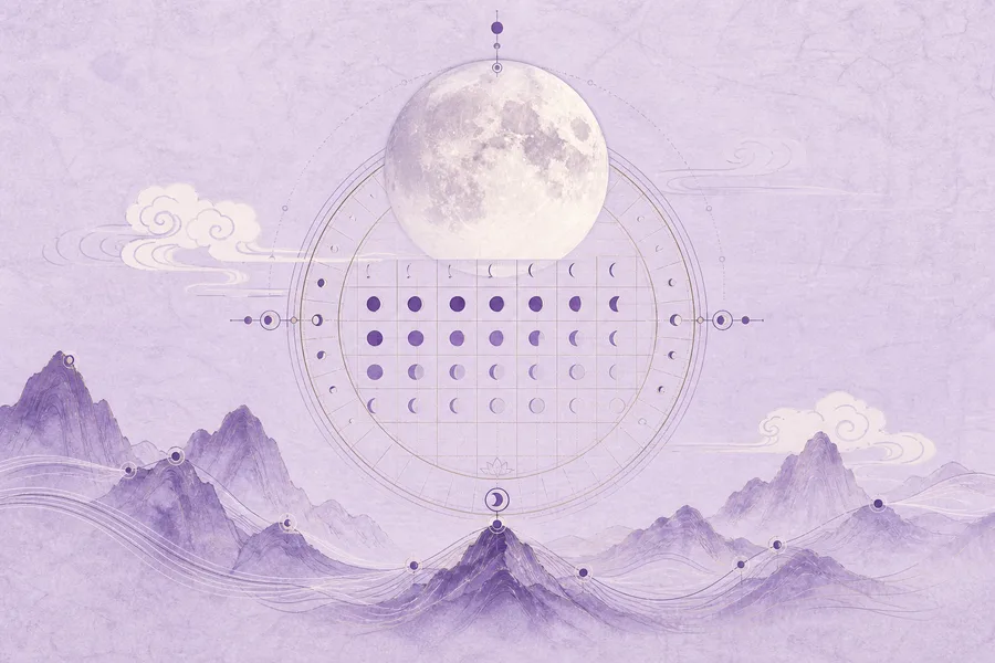 A luminous moon above a violet almanac grid and layered ink-wash mountains on lilac paper.