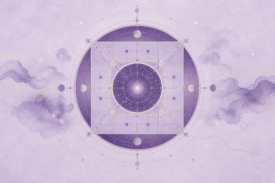 A violet celestial diagram combining a twelve-palace square with concentric star-filled circles.
